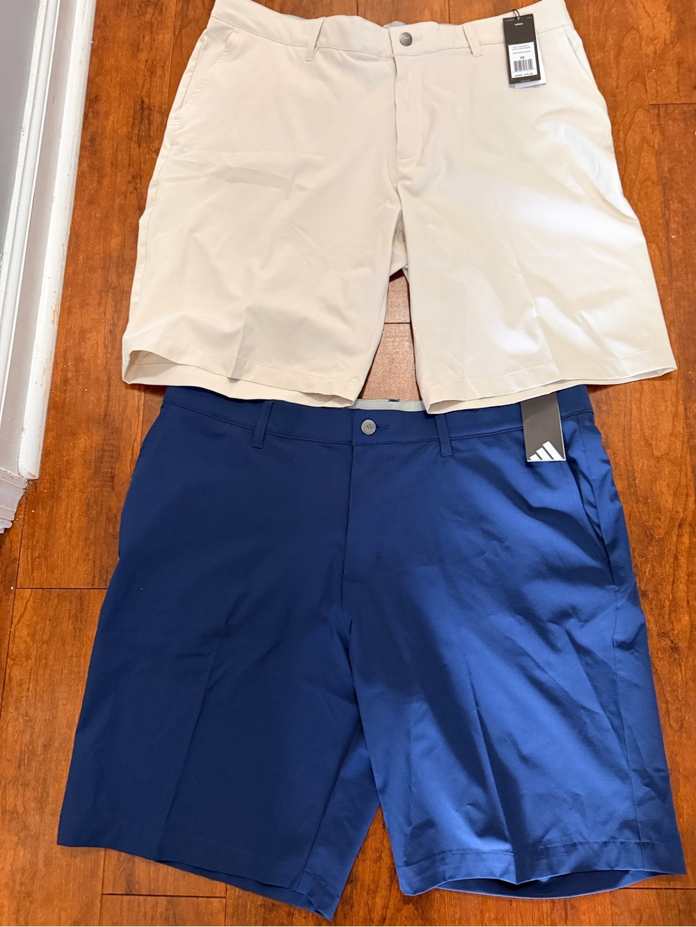 Men’s Adidas golf shorts size 38, set of two navy and tan elastic comfort waist